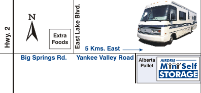 Airdrie Mini Self Storage: 5 Kms. East of Airdrie on Yankee Valley Road next to Airdire Airport.